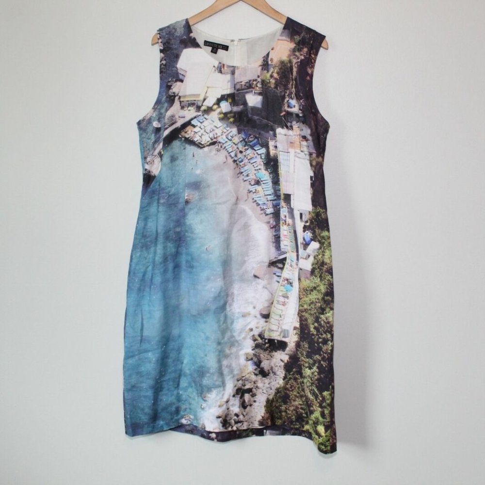 Lafayette 148 New York 100% Linen Beach Scene Shift Sheath Dress Size 14 H13021 - Picture 1 of 9